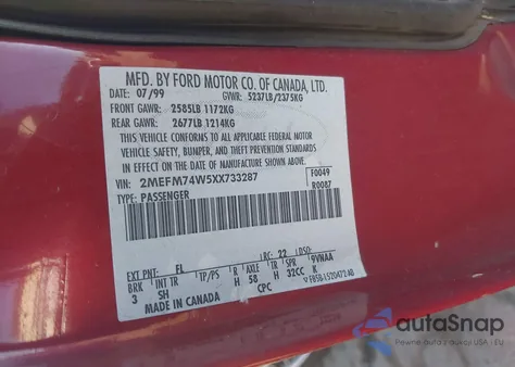 1999 Mercury Grand Marquis Gs из США, поврежденный, VIN 2MEFM74W5XX733287